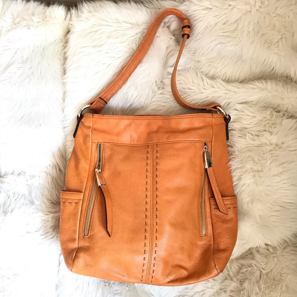 B. Makowsky Orange Leather Hobo Shoulder Bag Purse